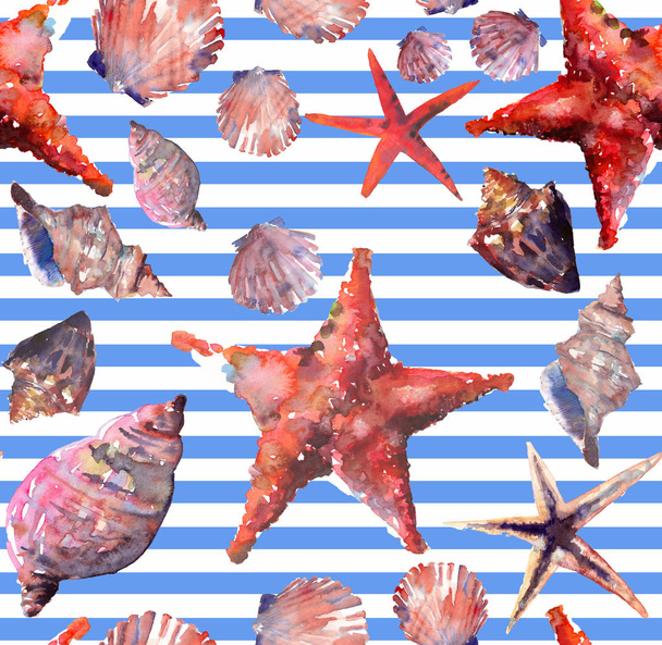Bright cute graphic lovely beautiful wonderful summer fresh marine beach colorful seashells and starfishes on white blue stripes background pattern watercolor hand illustration. Perfect for greeting card, textile design - Фото, изображение