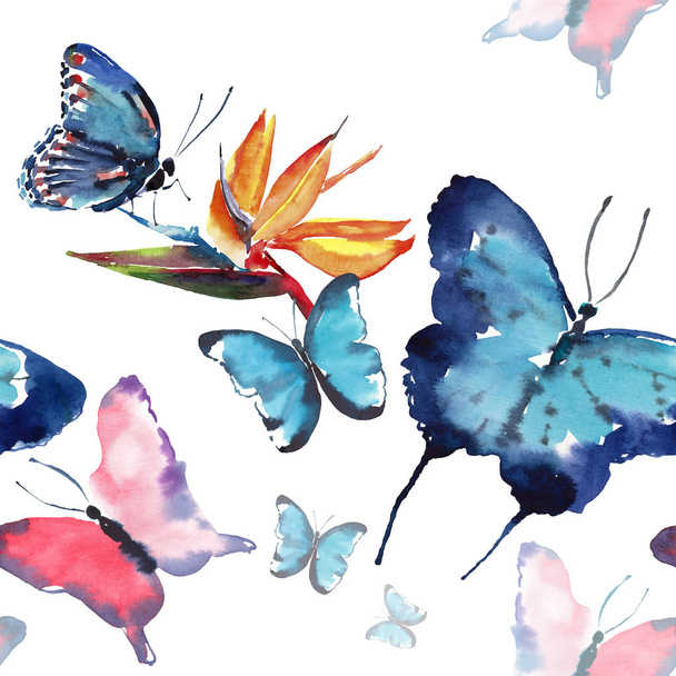 Bright beautiful sophisticated wonderful tender gentle spring tropical colorful butterflies with tropical yellow flowers pattern watercolor hand sketch - Foto, Imagen