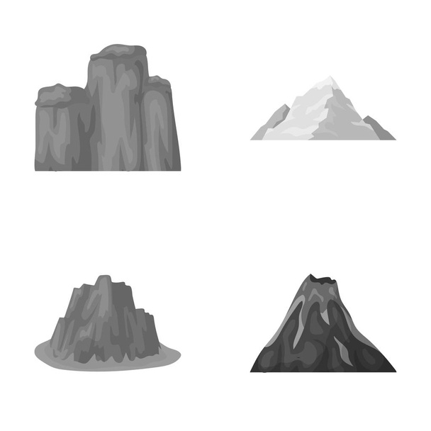 Sheer cliffs, a volcanic eruption, a mountain with a beach, a glacier. Different mountains set collection icons in monochrome style vector symbol stock illustration web. - Wektor, obraz
