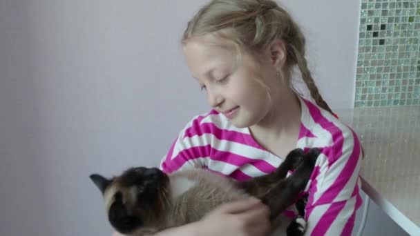 A beautiful 9 year old girl sits hugging a Siamese thoroughbred cat in a room. 4K - Video