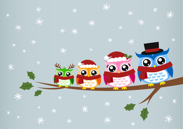フクロウ家族のクリスマスのお祝い - ベクター画像