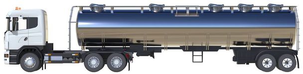 Grote witte vrachtwagen tanker met een gepolijste metalen aanhangwagen. Uitzicht vanaf alle kanten. 3D illustratie. - Foto, afbeelding