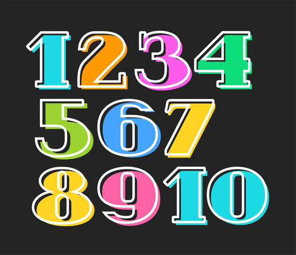 Colored numbers, white outline, black background, vector.  - Vektori, kuva