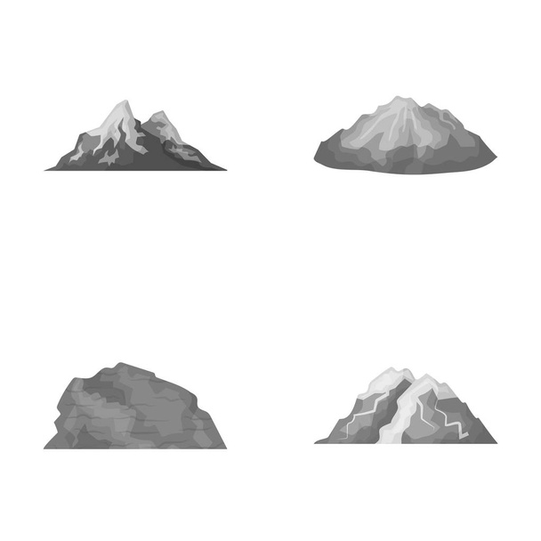 Mountains in the desert, a snowy peak, an island with a glacier, a snow-capped mountain. Different mountains set collection icons in monochrome style vector symbol stock illustration web. - Wektor, obraz