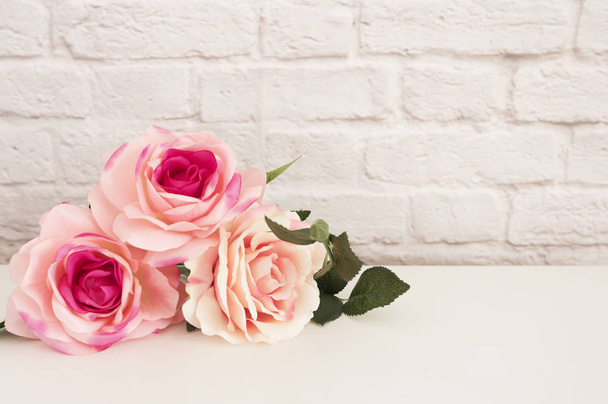 Pink Rose Mock Up. Styled Stock Photography. Floral Styled Wall Mock Up. Rose Flower Mockup, Valentine Mothers Day Card, Giftcard, White Desk Mockup - 写真・画像