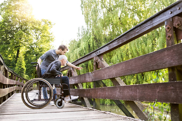 Hipster poika kävelee vammainen isä pyörätuolissa puistossa
. - Valokuva, kuva