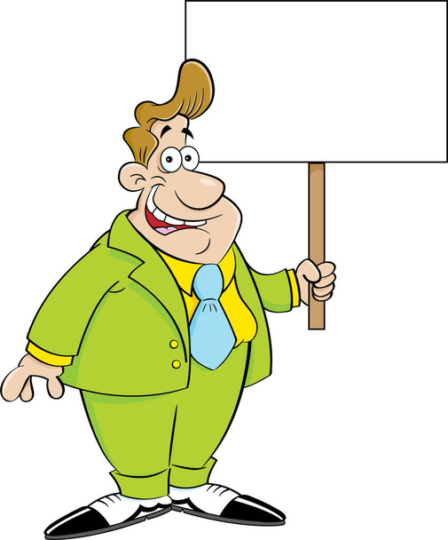 Kreslený muž v obleku drží ceduli. - Vektor, obrázek