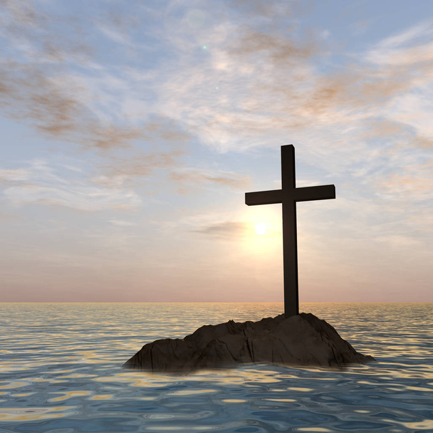 christian cross on rock in sea - Photo, Image
