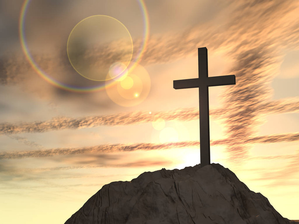 religijny symbol krzyżyka przed niebo zachód słońca - Zdjęcie, obraz