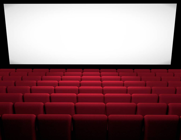 Sala de cinema com poltronas vermelhas, filme, cinema, tela, apresentação do filme. Renderização 3d
 - Foto, Imagem