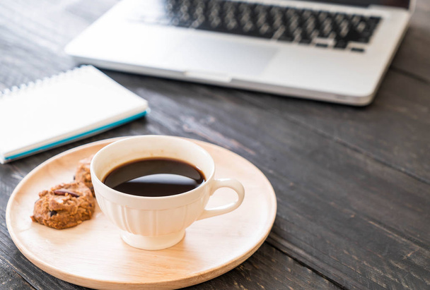 black coffee and cookies with laptop and note book - Fotoğraf, Görsel