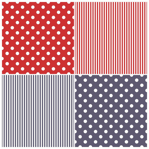 Tile vector pattern set with white polka dots and stripes on sailor navy blue and red background - Vector, Image