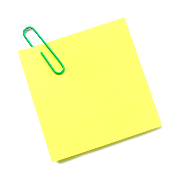 Sticky note with green paper clip isolated on white  - Photo, Image