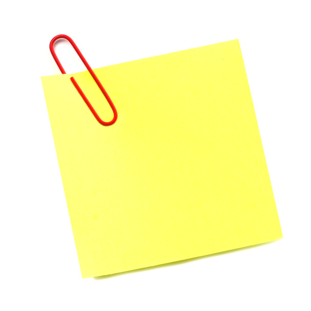 Sticky note with red paper clip isolated on white - Photo, Image