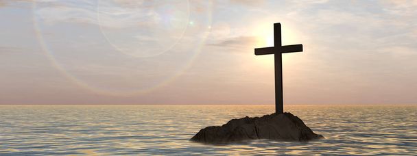 christliches Kreuz auf einem Felsen im Meer - Foto, Bild