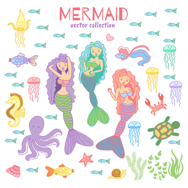 Vector cute sea collection with mermaid, jellyfish, fish, octopus, turtle. Marine life big set.  - Vector, Image