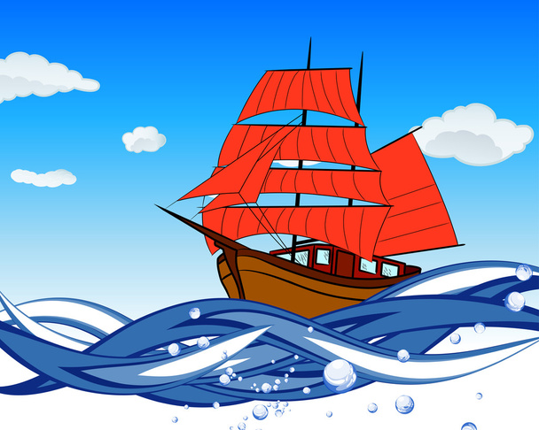 Segelboot mit scharlachrotem Segel - Vektor, Bild