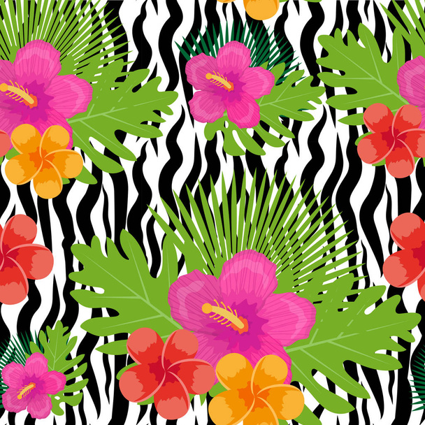 Tropical flowers, plants, leaves and animal skin seamless pattern. Summer Endless floral background. Paradise repeating texture. Exotic backdrop. Vector illustration. - Vector, Image