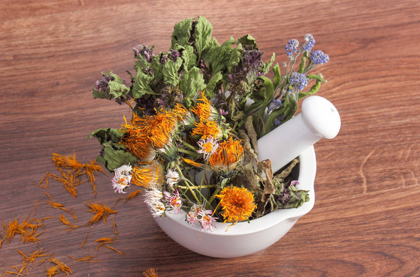 Dried herbs and flowers in white mortar, concept of herbalism - Фото, изображение