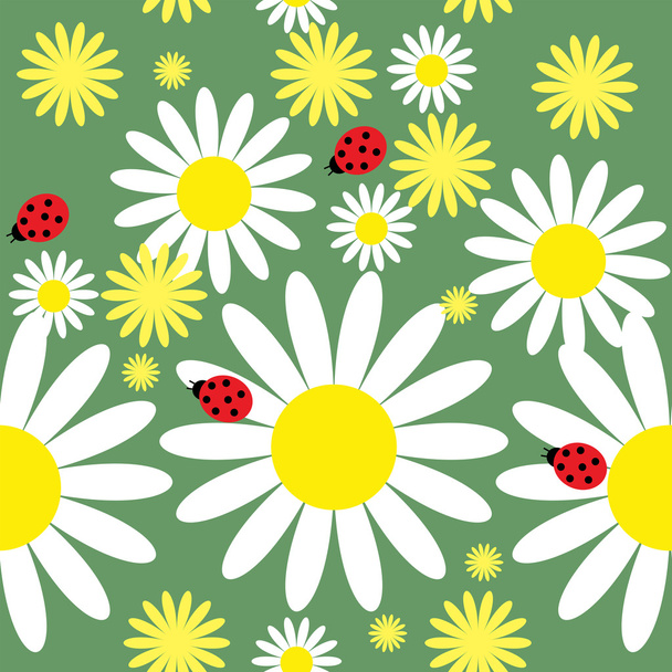Seamless texture with daisies and ladybug - Wektor, obraz