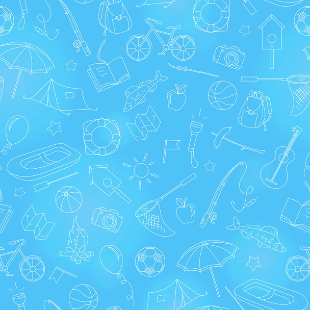 Patrón sin costuras sobre el tema de campamento de verano y vacaciones, iconos de contorno simple, contorno blanco sobre un fondo azul
 - Vector, imagen