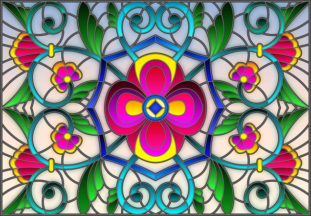 Ilustracja w stylu witrażu z swirls streszczenie, kwiatów i liści na jasnym tle, orientacja pozioma - Wektor, obraz