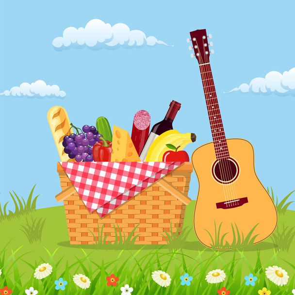 WIcker picnic basket full of products. - Vector, Image