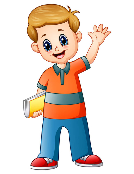 Kreslený chlapec drží knihu s rukou - Vektor, obrázek