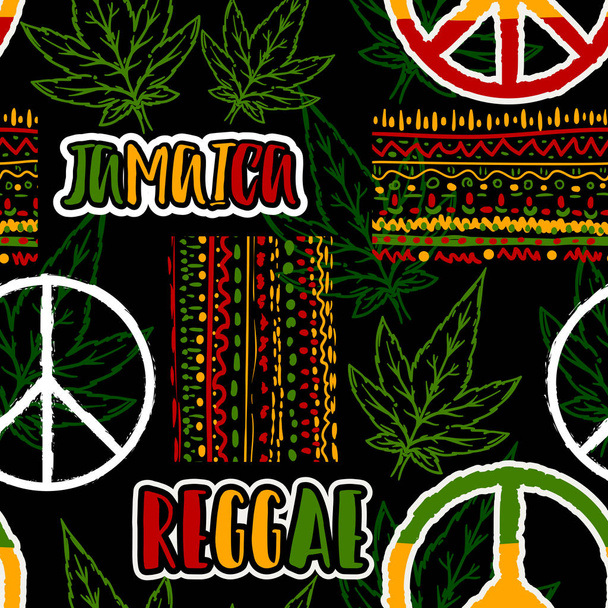 Padrão sem costura com símbolo de paz hippie, folhas de cannabis e ornamento étnico. Tema Jamaica. Design de conceito Reggae. Ilustração vetorial
 - Vetor, Imagem