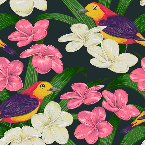 熱帯でのシームレスなパターンは、鳥、花し、葉します。エキゾチックな植物相および動物群。ヴィンテージ手描き水彩風ベクトル イラスト - ベクター画像