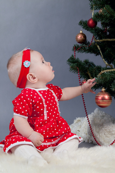 Little girl in red dress sitting near Christmas tree - Фото, зображення