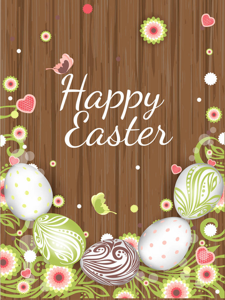 greeting card template with painted eggs and flowers. Handwriting inscription Happy Easter, vector illustration - Vettoriali, immagini
