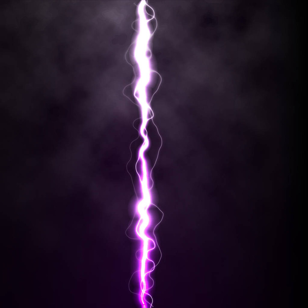 Lightning flash light thunder spark on black background with clouds. Vector spark lightning or electricity blast storm or thunderbolt in sky. Natural phenomenon of human nerve or neural cells system - Vector, Image