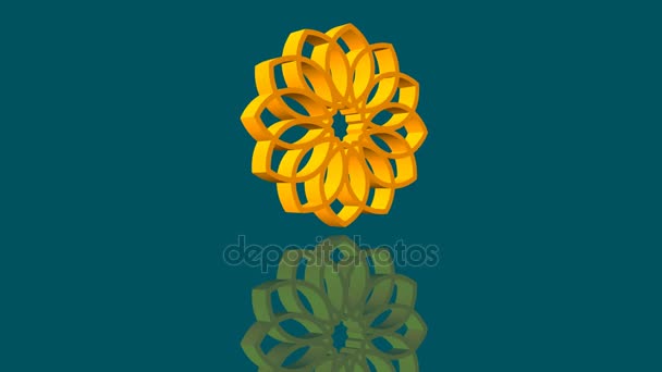 3d animated yellow logotype with mirror reflection on dark green background, rotating rosette, spatial flower shape - Footage, Video