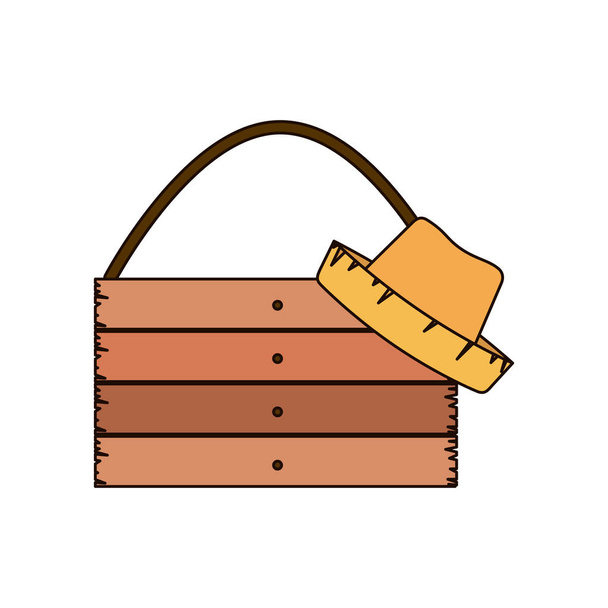 white background of wooden board with rope and straw hat with thick contour - Vector, Image