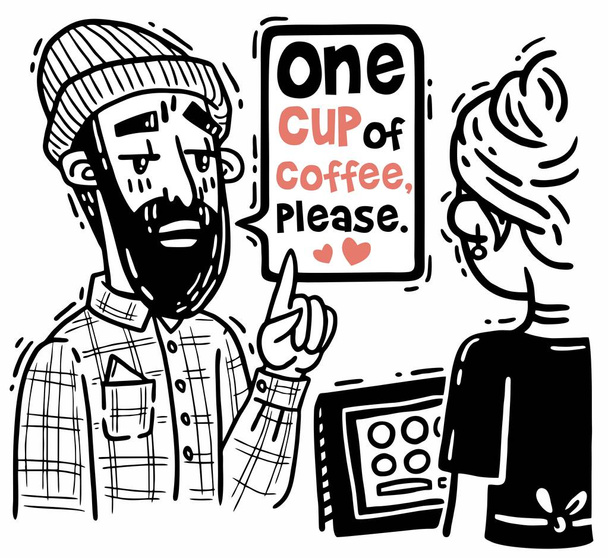 Bir fincan kahve çıkış kontuarında komik sakallı hippi siparişler - Vektör, Görsel