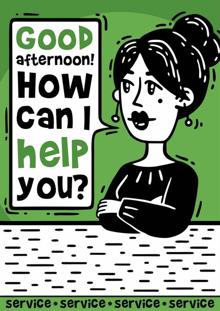 Comic poster woman says how can i help you green - Vector, Image