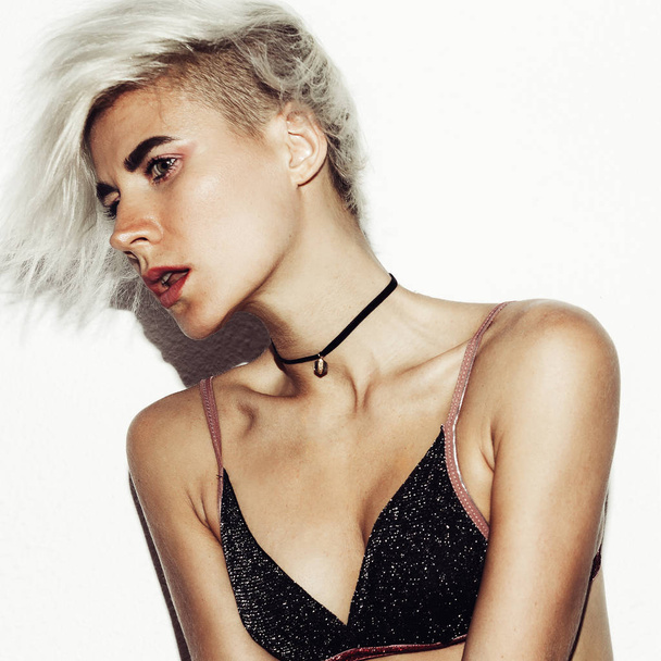 Sexy blond model fashion accessory Choker and underwear trend - Foto, afbeelding