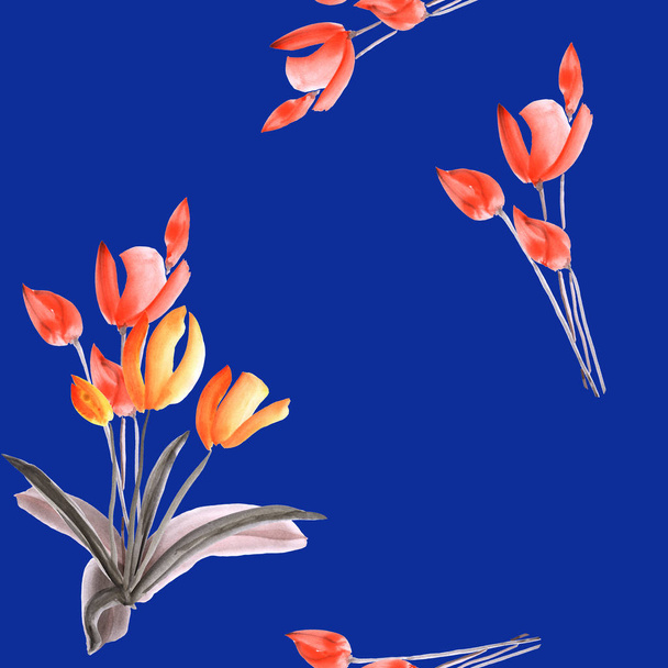 Seamless pattern of tulips with red flowers on a deep blue background. Watercolor - Photo, Image