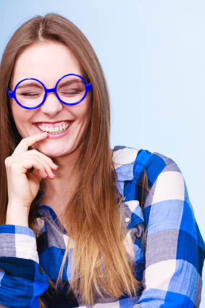 Happy smiling nerdy woman in weird glasses - Photo, Image