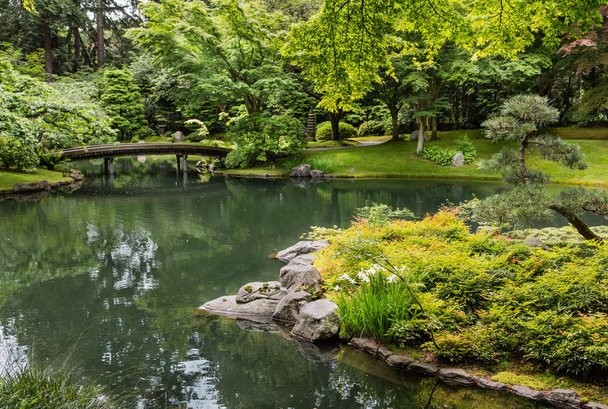 緑の池のまわりの彫刻の日本庭園 - 写真・画像