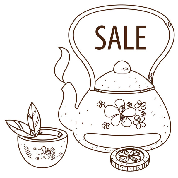 Sale. Teapot with a cup of tea - Vector, afbeelding