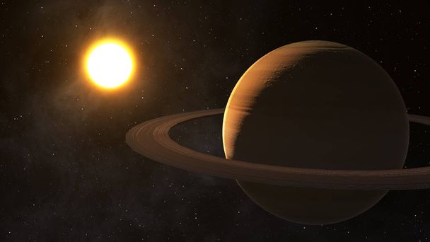 Il sole splende su Saturno nello spazio illustrazione 3d di alta qualità
. - Foto, immagini