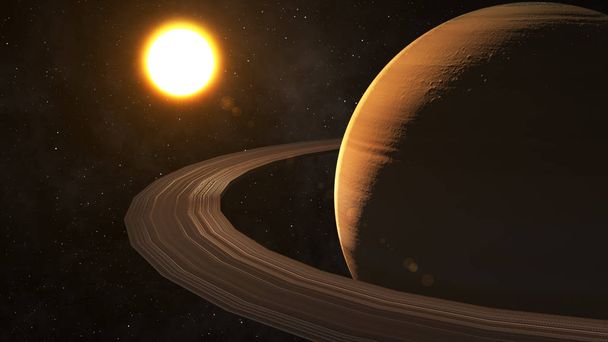 Aurinko paistaa Saturnus avaruudessa korkealaatuinen 3d kuva
. - Valokuva, kuva