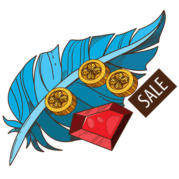 Sale. Feather, ruby and coins. - Vektori, kuva