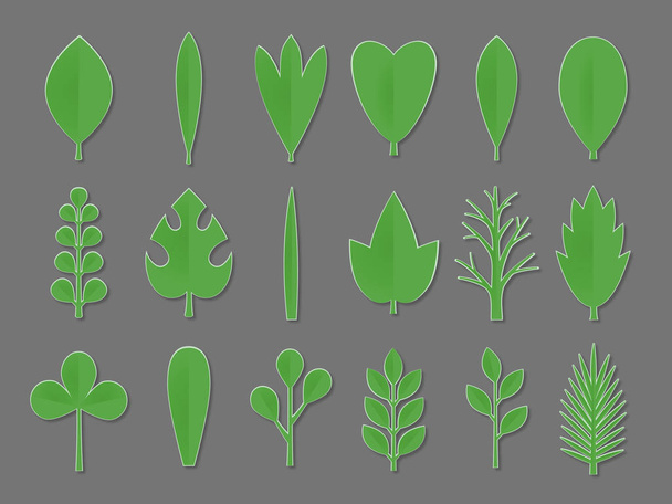 Set of green Paper Flower and tree leaves isolated on gray background. Vector eps 10 format. - Διάνυσμα, εικόνα