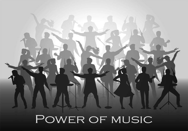 El poder del concepto musical. Conjunto de siluetas de músicos, cantantes y bailarines. Ilustración vectorial
 - Vector, imagen