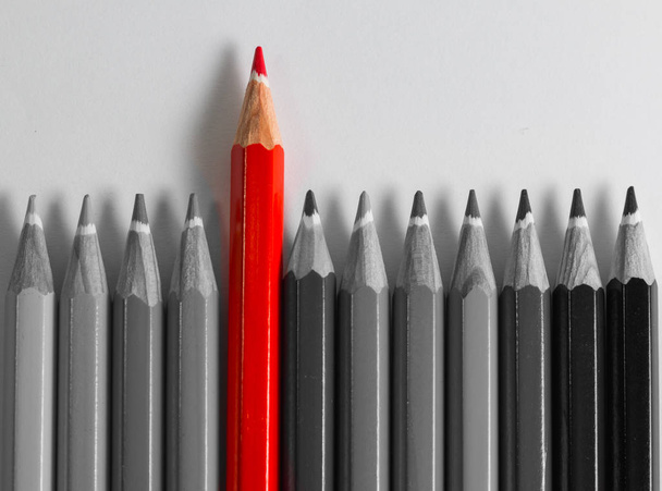 Grijs potlood in orde met een rode staande uit - Foto, afbeelding