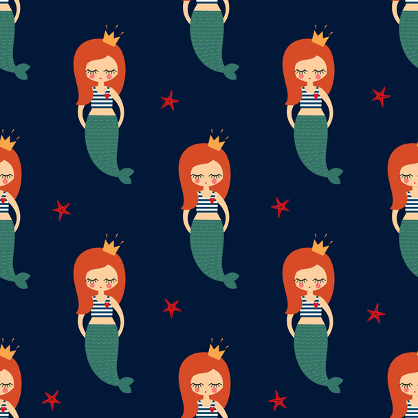 Cute redhead mermaid girl with starfish seamless pattern on dark blue background. - Vector, Image