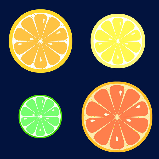 Conjunto de rodajas de naranja, limón, lima, pomelo sobre fondo azul oscuro. Estilo plano. Ilustración vectorial
 - Vector, Imagen